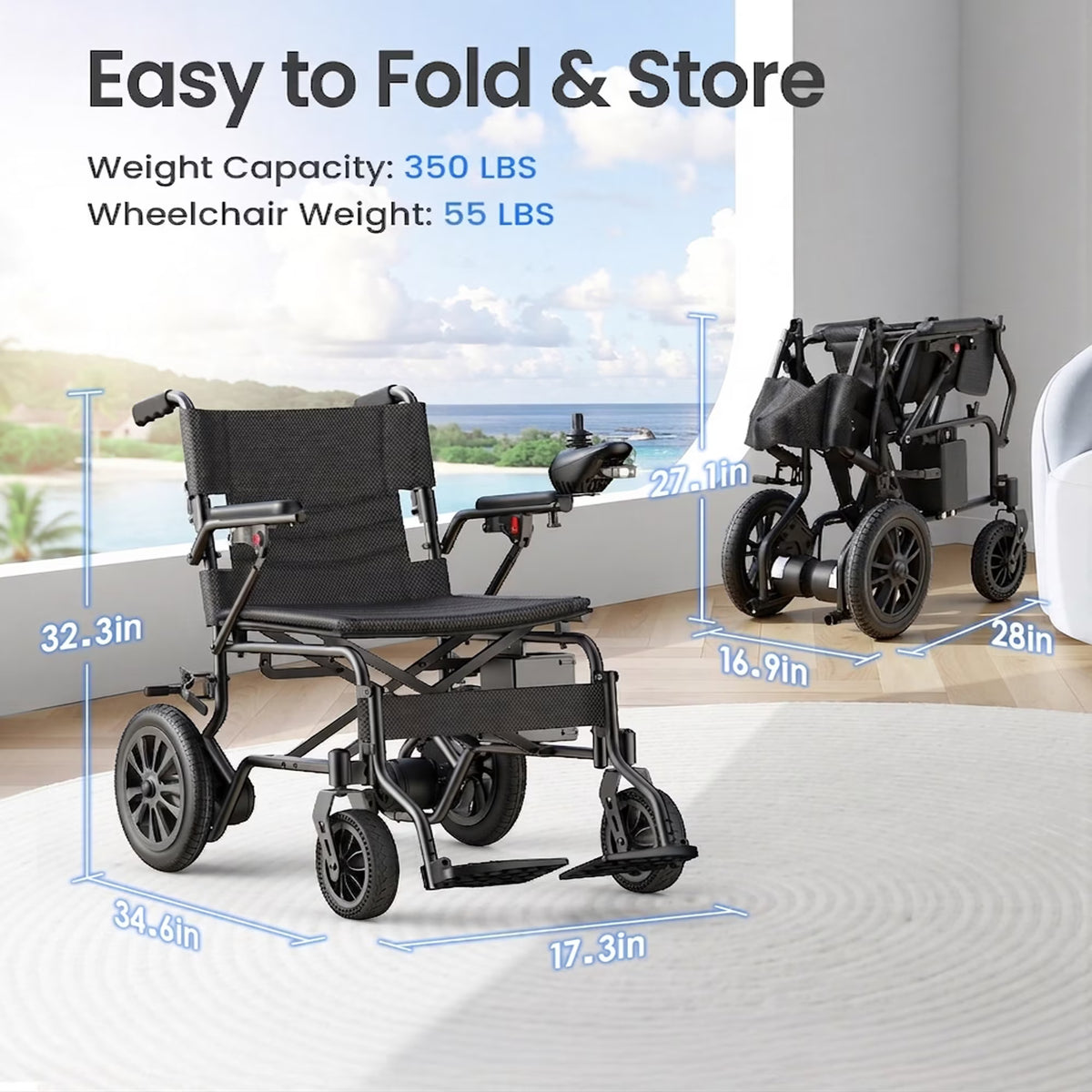 Electric Wheelchair for Adults, Lightweight Foldable Motorized Wheelchair for Seniors, 500W All Terrain Power Wheelchair with 15+ Miles Long Range, 350 lbs Capacity