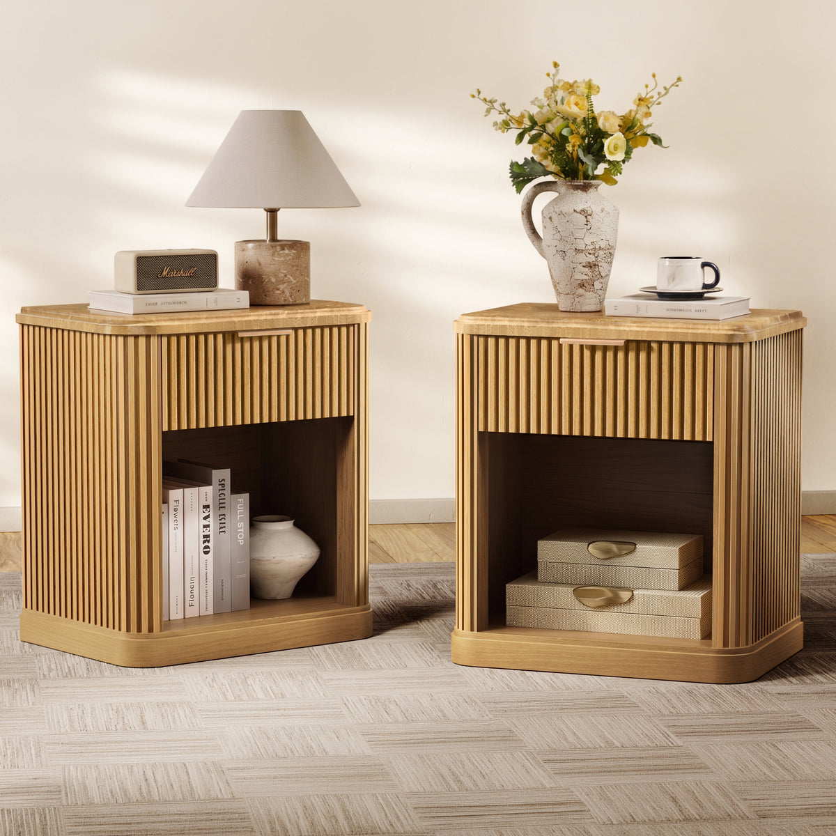 Fluted Nightstands Set of 2, Wood Night Stand with Charging Station and Storage Drawer, 22.8" Wide Faux Marble Top Bedside Table for Bedroom, Living Room, Natural Oak