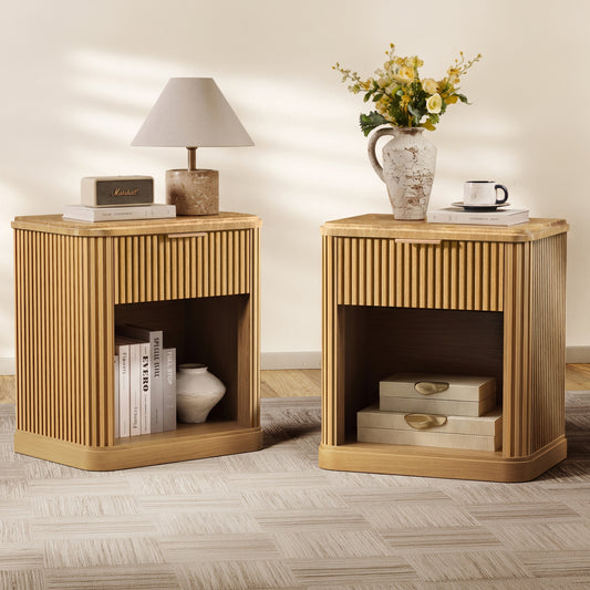 Fluted Nightstands Set of 2, Wood Night Stand with Charging Station and Storage Drawer, 22.8" Wide Faux Marble Top Bedside Table for Bedroom, Living Room, Natural Oak