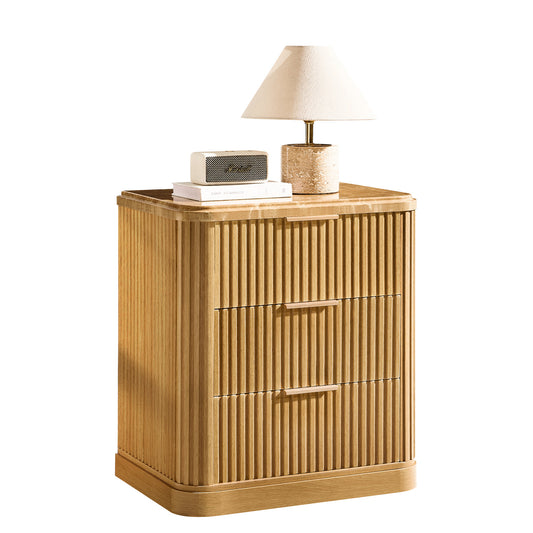 Fluted Nightstand, Wood Night Stand with 3 Storage Drawers, 22.8" Wide Faux Marble Top Bedside Table for Bedroom, Living Room, Natural Oak