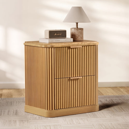 Fluted Nightstand, Wood Night Stand with Charging Station and 2 Storage Drawers, 22.8" Wide Faux Marble Top Bedside Table for Bedroom, Living Room, Natural Oak