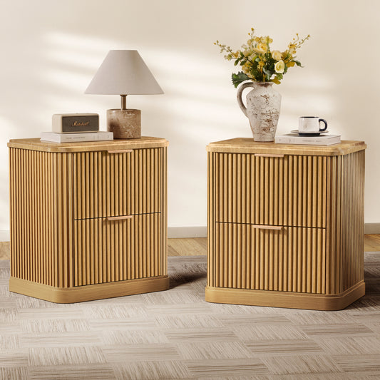 Fluted Nightstands Set of 2, Wood Night Stand with Charging Station and 2 Storage Drawers, 22.8" Wide Faux Marble Top Bedside Table for Bedroom, Living Room, Natural Oak
