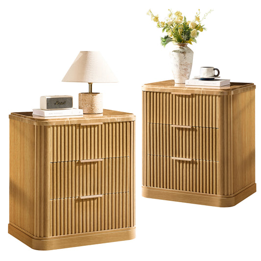 Fluted Nightstands Set of 2, Wood Night Stand with 3 Storage Drawers, 22.8" Wide Faux Marble Top Bedside Table for Bedroom, Living Room, Natural Oak