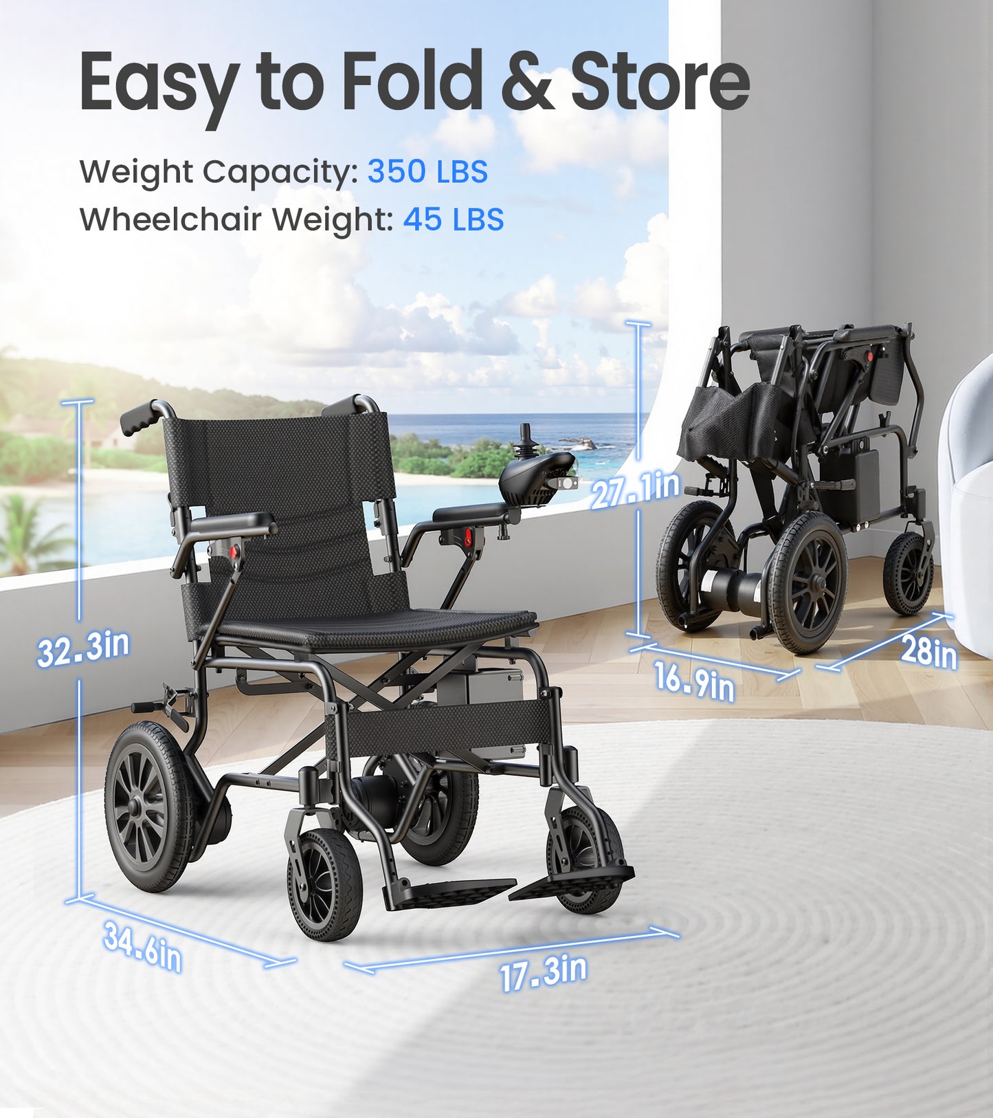 Electric Wheelchair for Adults, Traingiver 45lbs Ultra Lightweight Foldable Motorized Wheelchair for Seniors, 500W All Terrain Power Wheelchair with 15+ Miles Long Range, 350 lbs Capacity