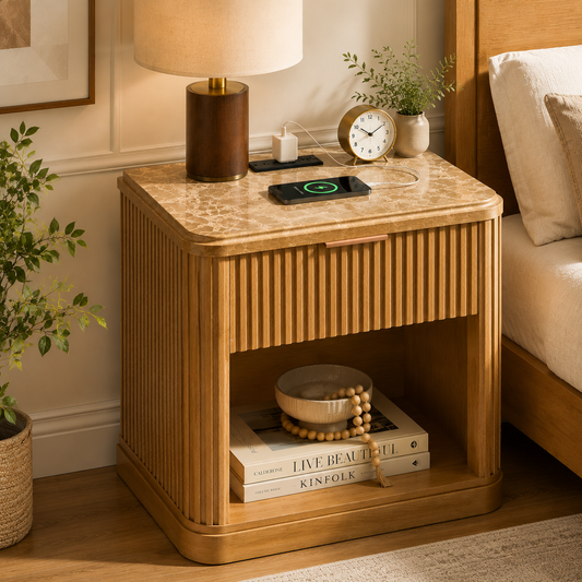 Fluted Nightstand, Wood Night Stand with Charging Station and Storage Drawer, 22.8" Wide Faux Marble Top Bedside Table for Bedroom, Living Room, Natural Oak