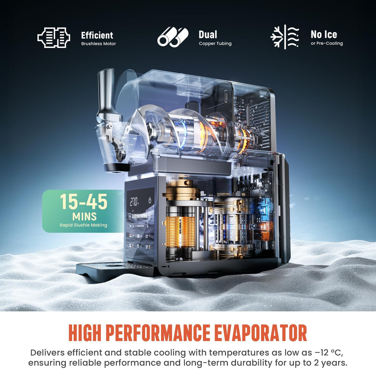 Slushie Machine for Home, No Ice Needed Frozen Drink Maker with 6 Presets, Brushless Motor, LED Display, Adjustable Temperature, 12H Timer, Self-Cleaning Slushy Machine