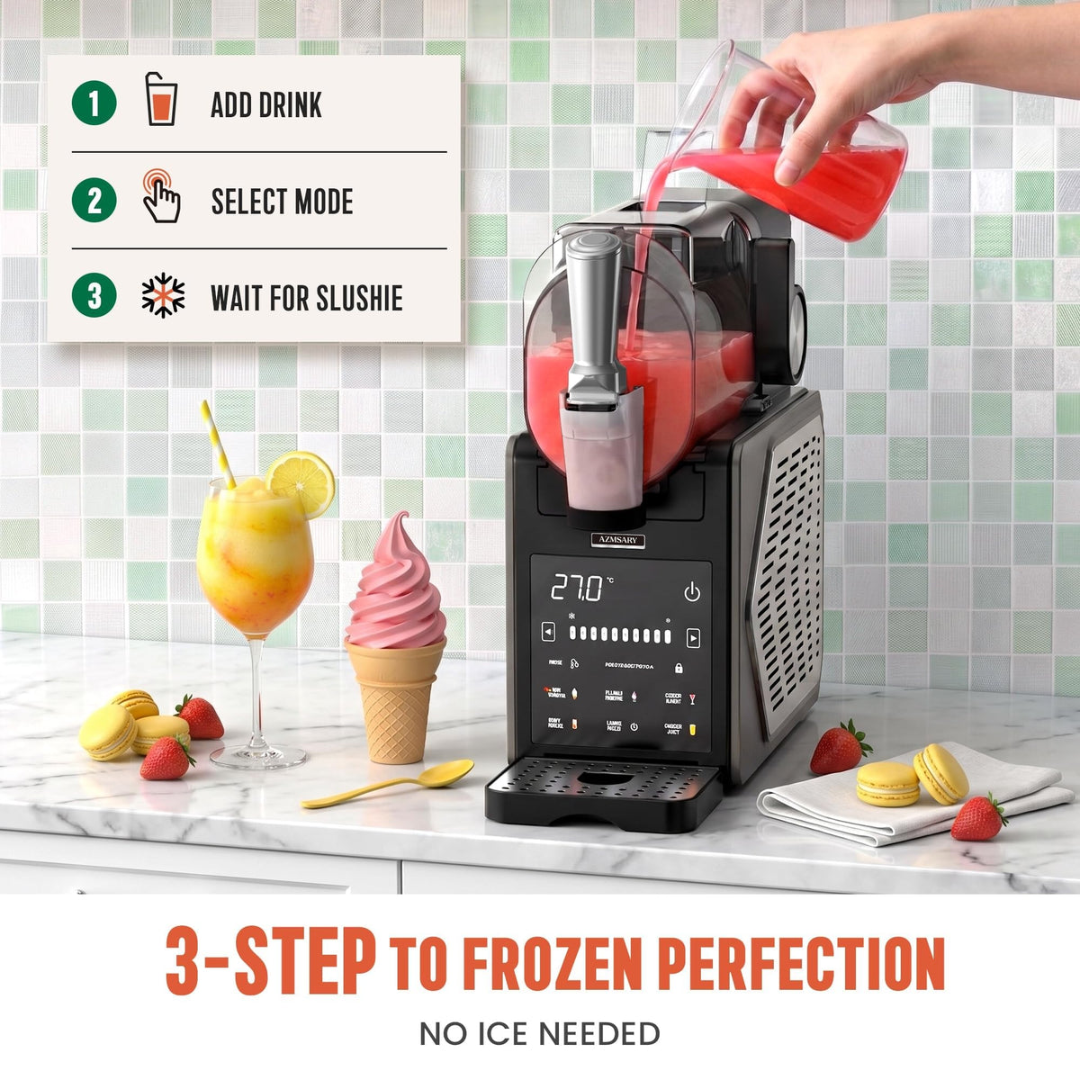 Slushie Machine for Home, No Ice Needed Frozen Drink Maker with 6 Presets, Brushless Motor, LED Display, Adjustable Temperature, 12H Timer, Self-Cleaning Slushy Machine